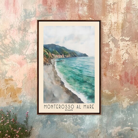 Monterosso al Mare Italy Colorful Village Beach Cove Watercolor Poster