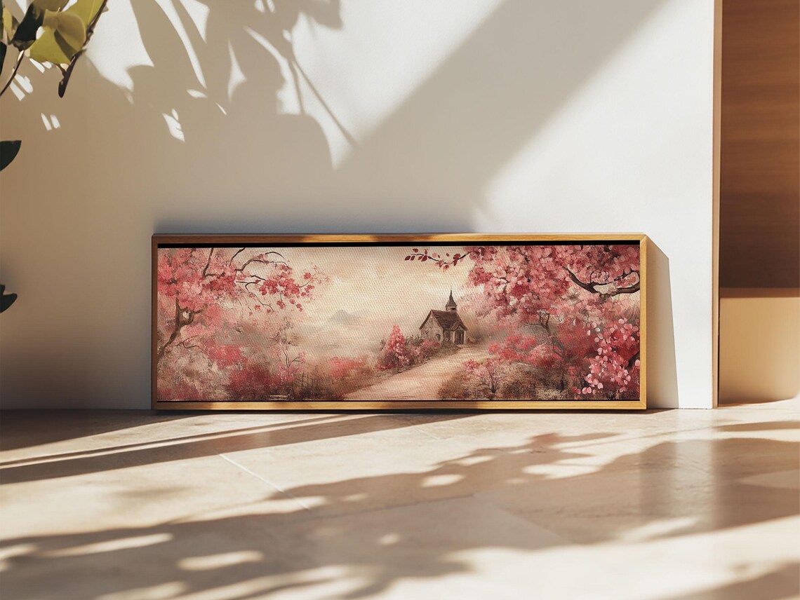 Cherry Blossom Chapel Path Pink Blossoms Misty Panoramic Rustic Wall Poster - Image 3