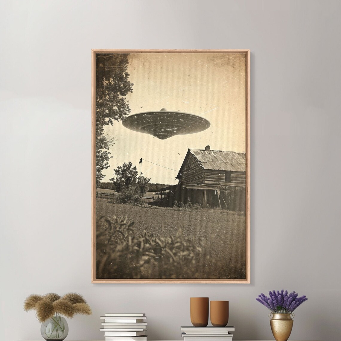 Vintage UFO Flying Saucer Hovering Old Barn Sepia Photo Wall Art - Image 4