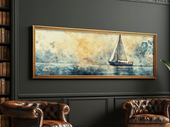 Sailboat Calm Sea Watercolor Panoramic Nautical Beach Decor Wall Poster