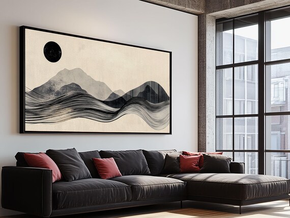 Abstract Mountain Landscape Framed Print Wabi Sabi Wall Art Minimalist Decor Rustic Line Art Idea Bedroom Artwork Vertical Design