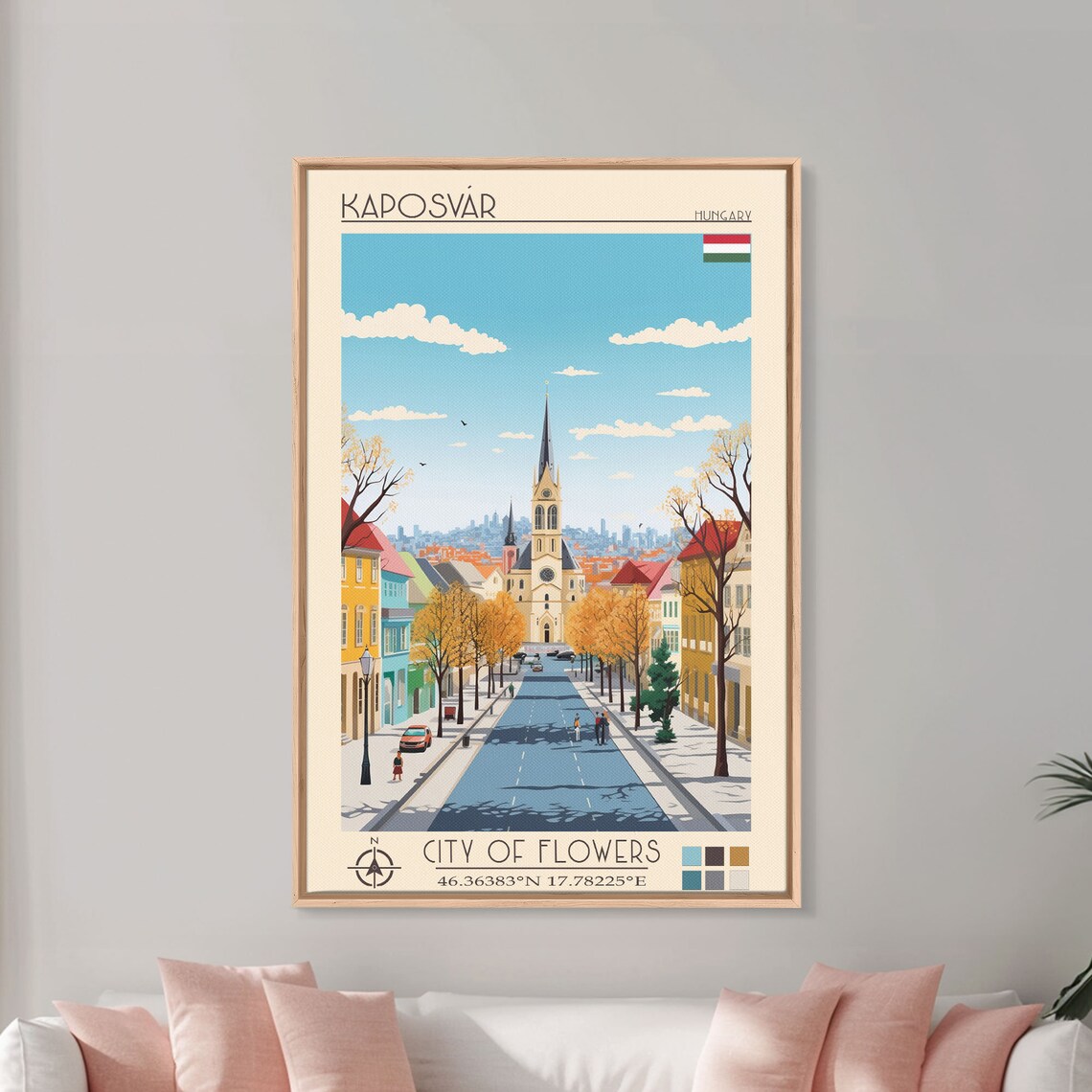 Kaposvar Hungary Wide Avenue Church Spire Autumn Trees View Poster - Image 4