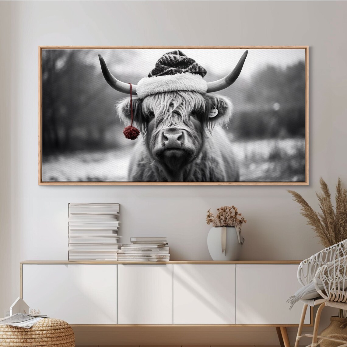 Highland Cow Wearing Santa Hat Festive Black White Holiday Print