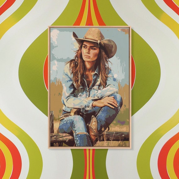 Thoughtful Cowgirl In Denim Framed Print Rustic Western Decor Vintage Wall Art For Living Room Bedroom Artwork