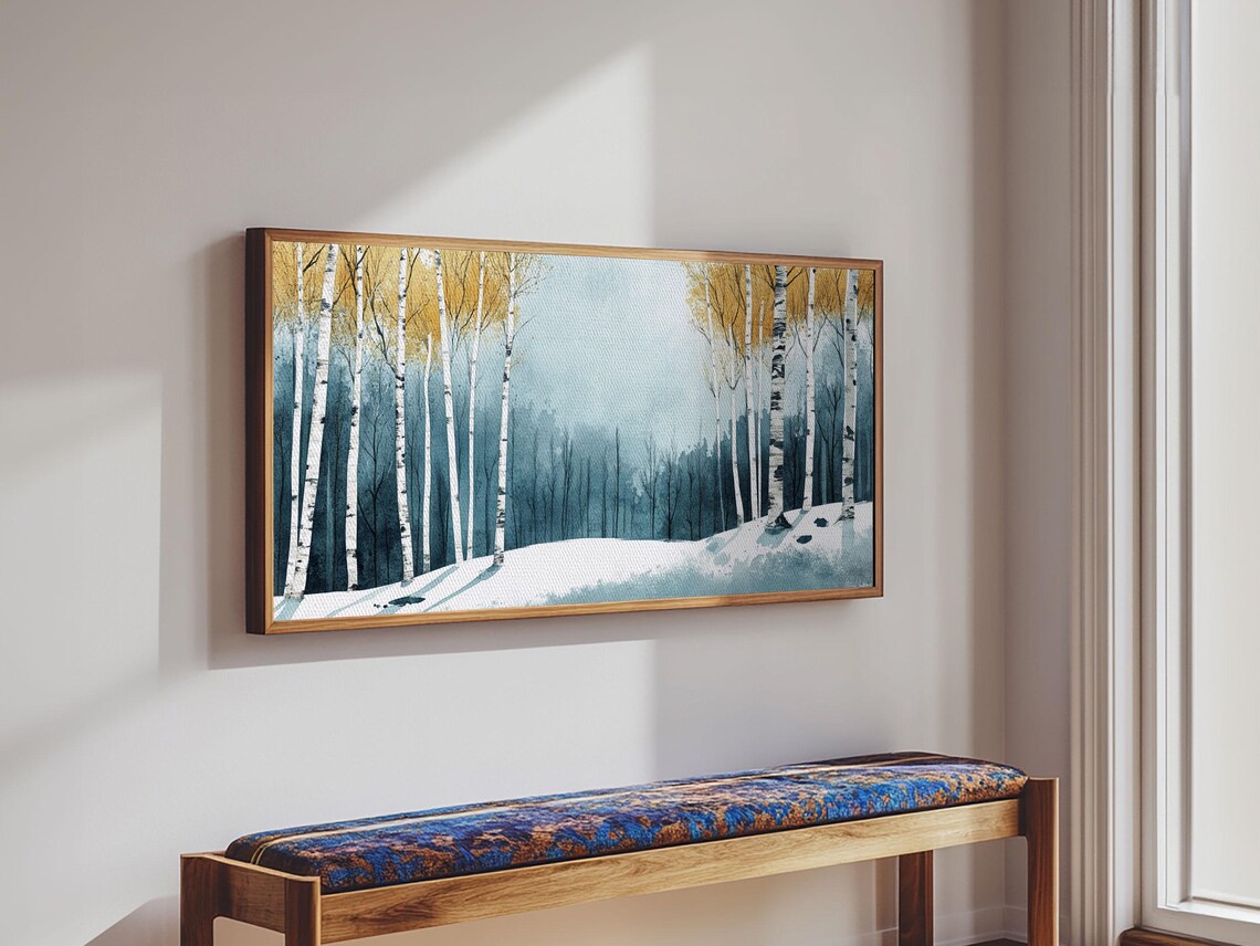 Birch Trees In Snow Winter Forest Blue Gray Watercolor Painting Print - Image 5