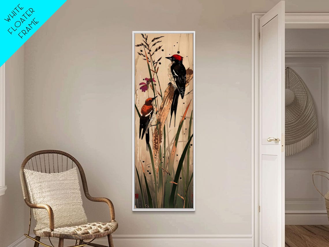 Two Woodpeckers Perched Among Reeds Vintage Japanese Style Wall Art - Image 3