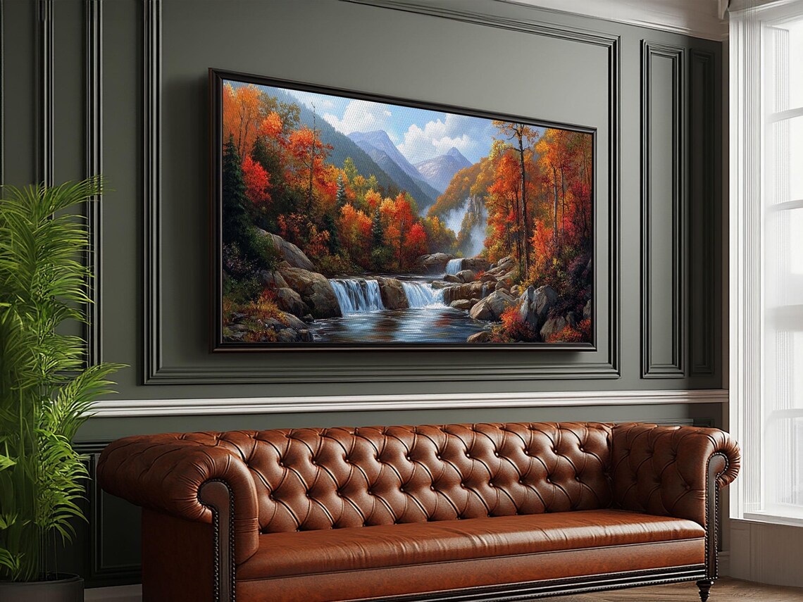 Waterfall In The Forest Landscape Oil Painting Print - Image 6