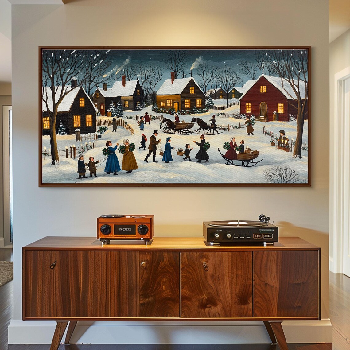 Colonial Christmas Village Sleigh Rides Folk Art Night Winter Print - Image 5
