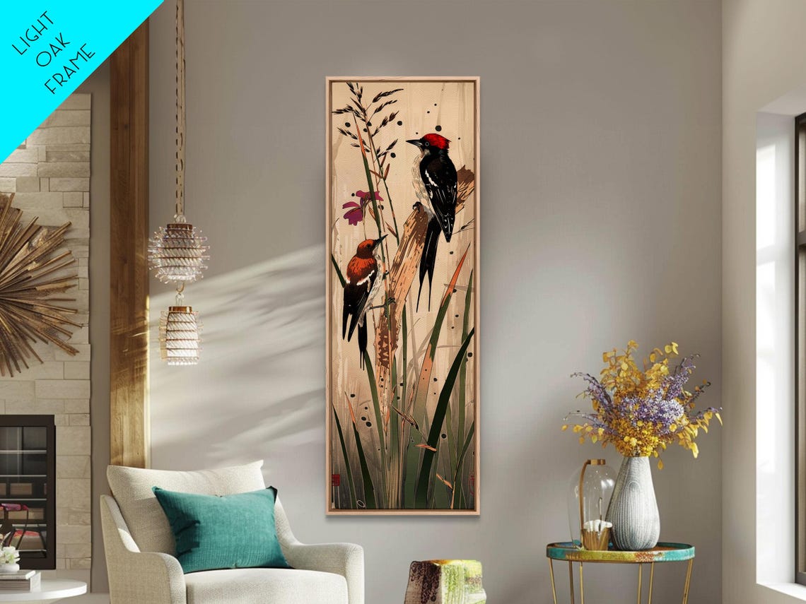 Two Woodpeckers Perched Among Reeds Vintage Japanese Style Wall Art - Image 4