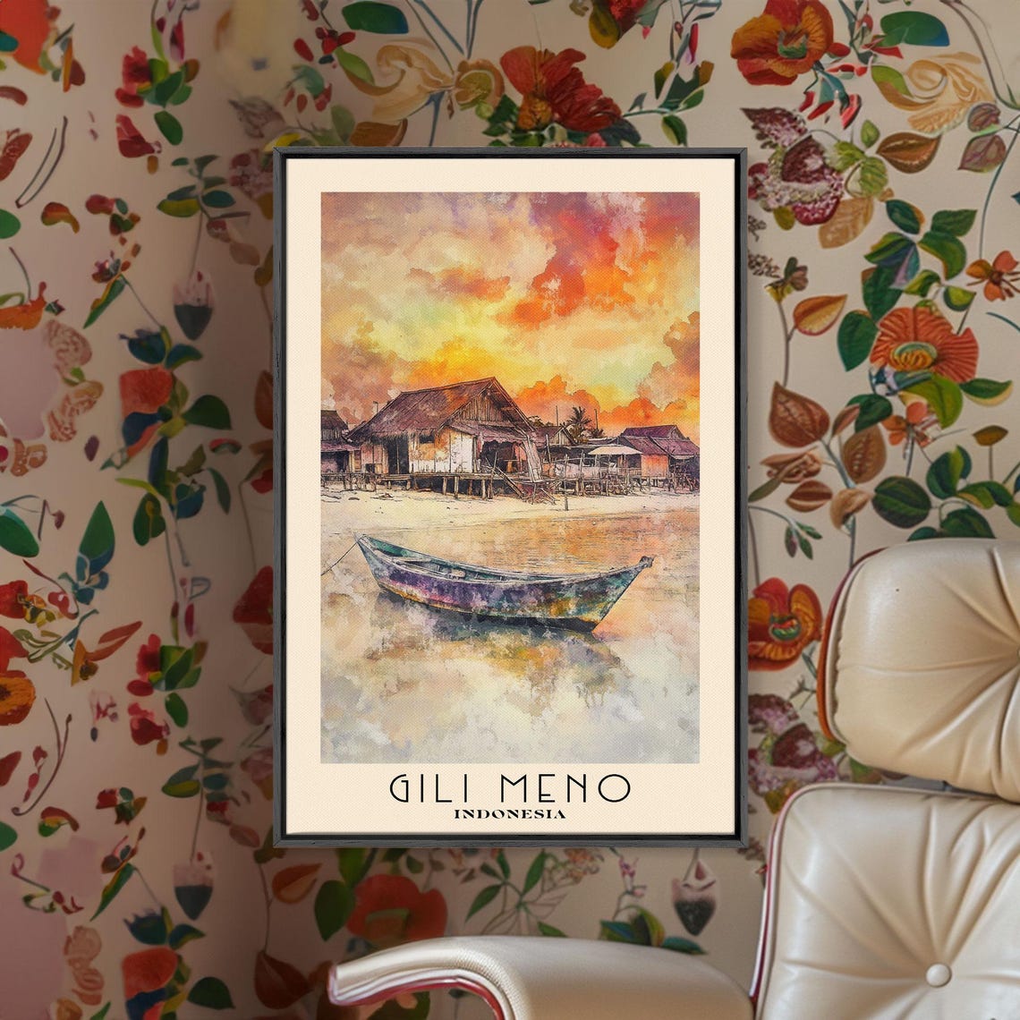 Gili Meno Indonesia Fiery Sunset Fishing Boat Stilt Huts Poster - Image 2