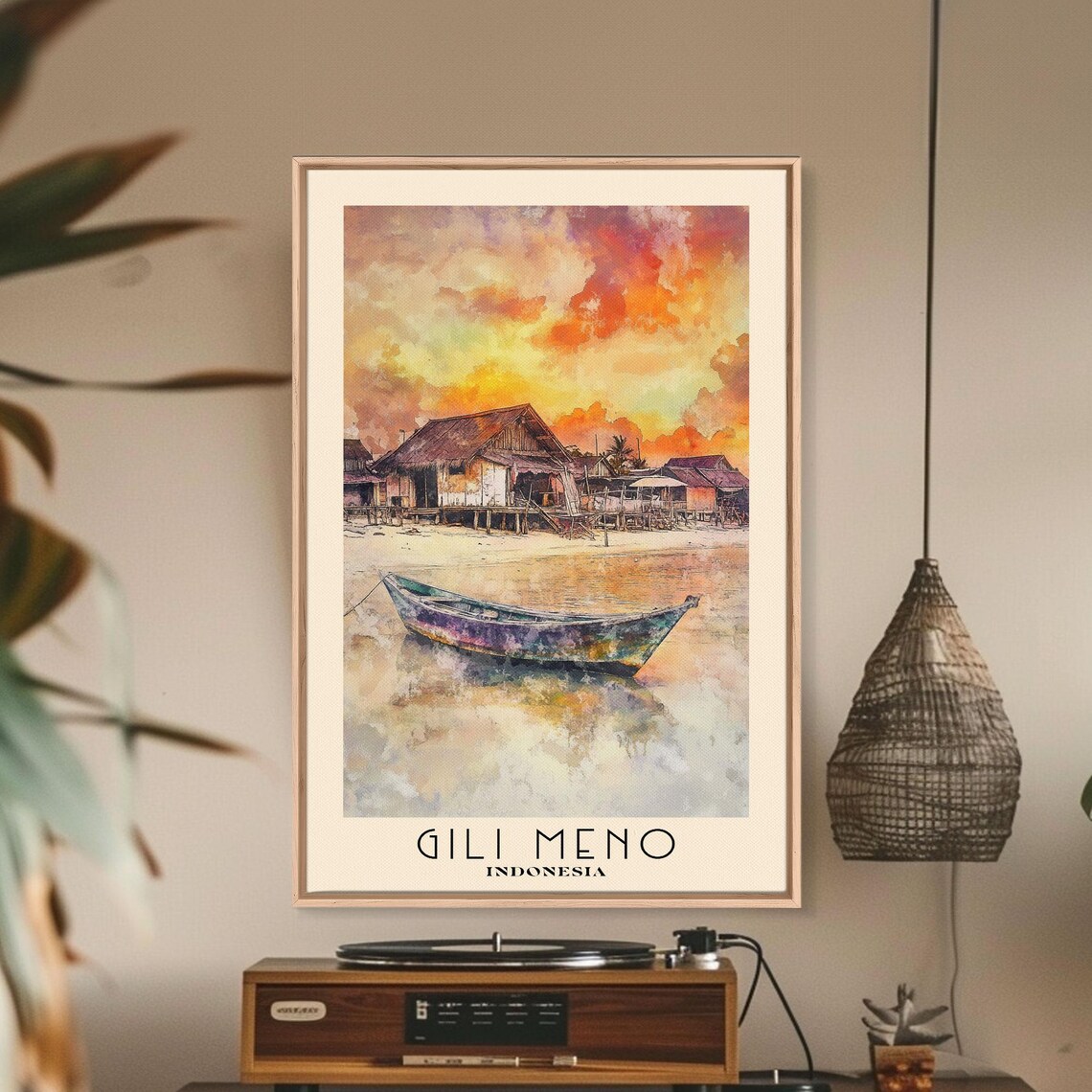 Gili Meno Indonesia Fiery Sunset Fishing Boat Stilt Huts Poster
