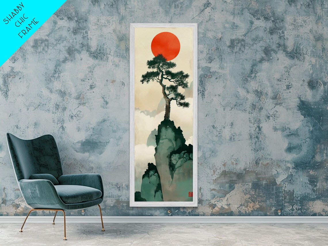 Bonsai Tree Mountain Red Sun Japanese Tall Wall Art Skinny Framed Print Ukiyo E Style - Image 3