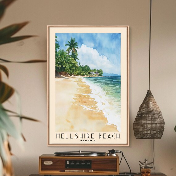 Hellshire Beach Jamaica Golden Sand Palms Turquoise Surf Watercolor Poster
