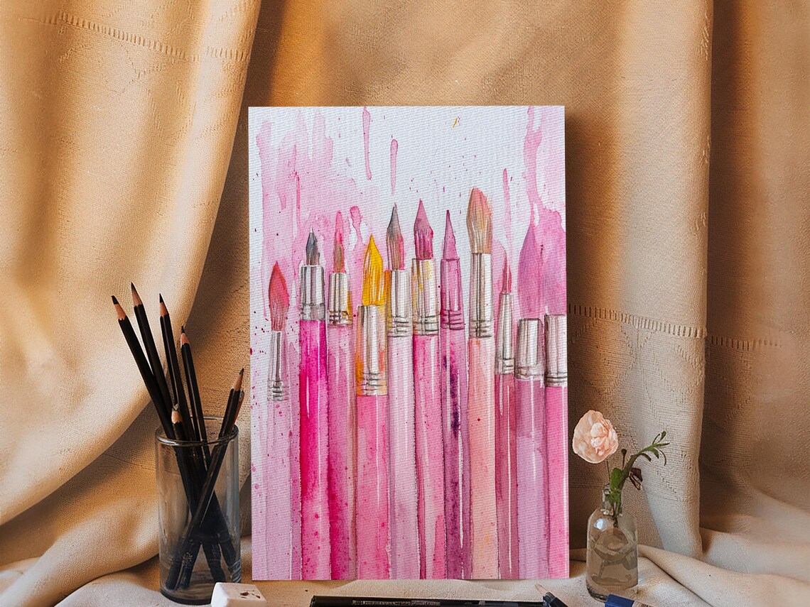 Pink Paintbrushes With Dripping Paint Watercolor Artist Wall Art - Image 4