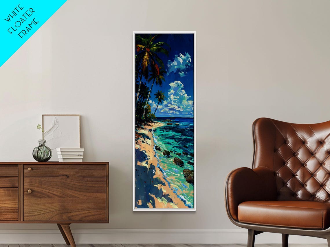 Rocky Tropical Beach Palm Trees Turquoise Cove Painting Print - Image 5