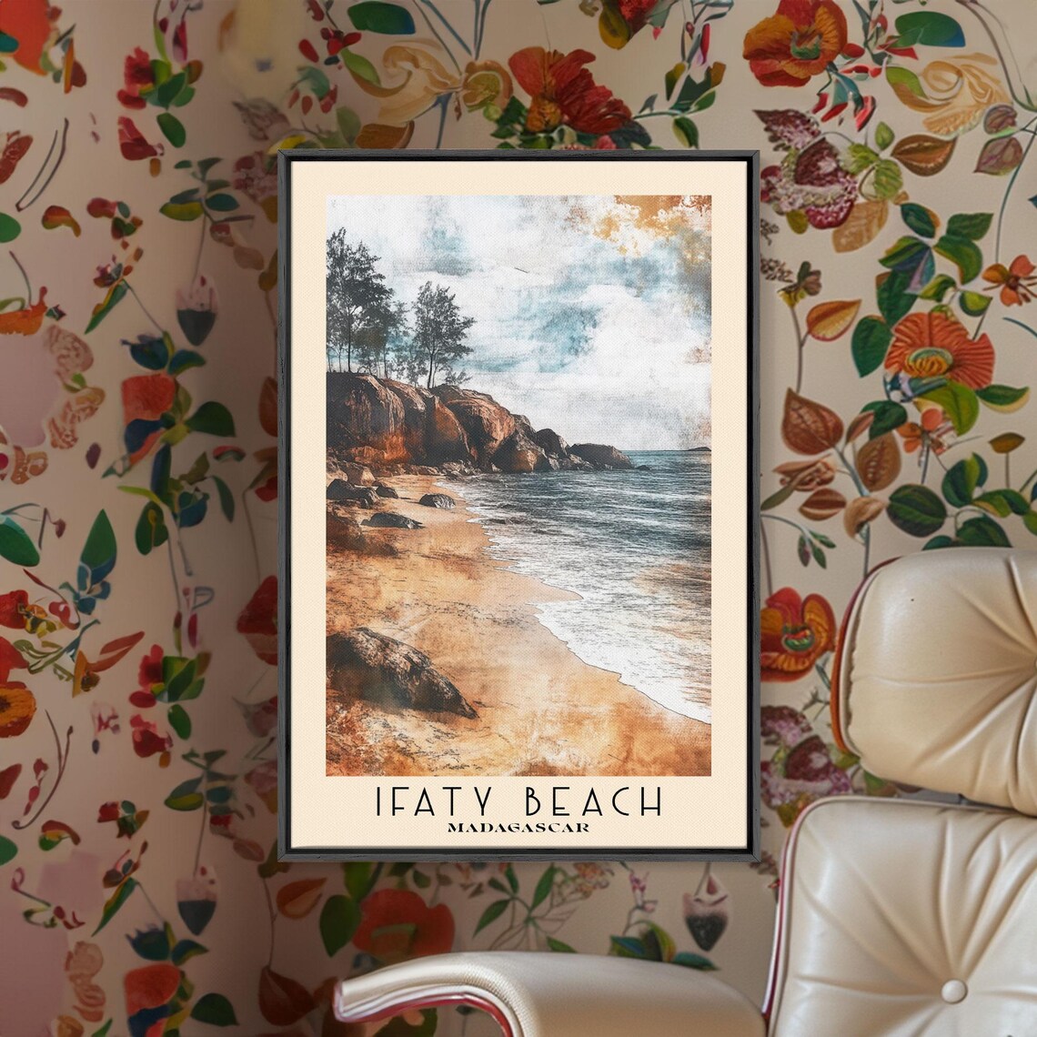 Ifaty Beach Madagascar Rocky Shore Golden Sand Moody Sky Watercolor Poster - Image 2