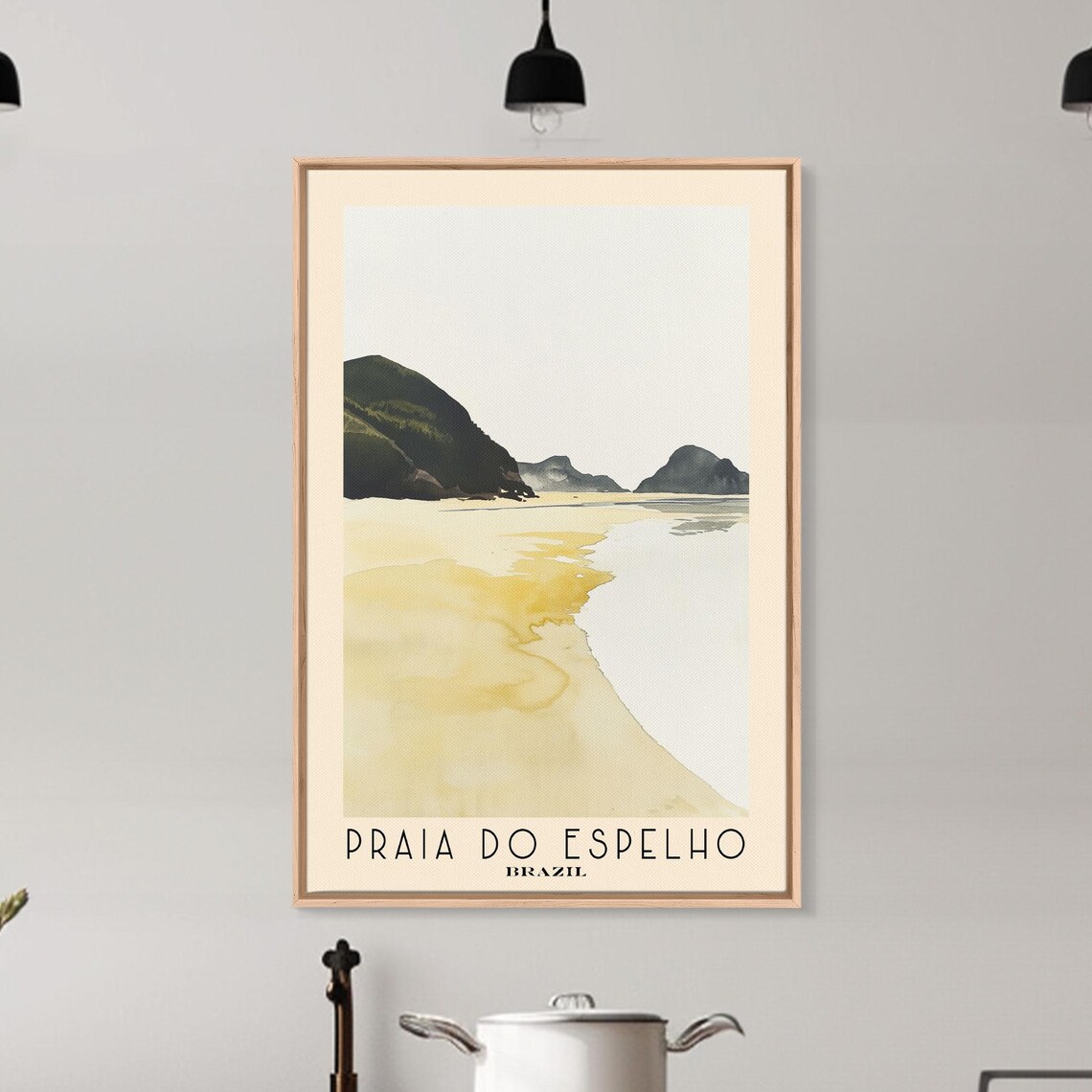 Praia do Espelho Brazil Pale Gold Beach Dark Green Headlands Coastal Watercolor Poster - Image 6