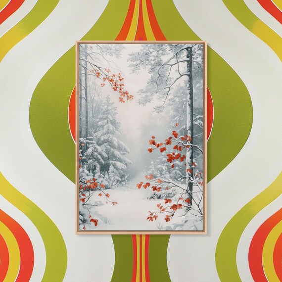 Print Of Winter Wonderland With Red Leaves In Snow Winter Wall Art Best Gift Idea Moody Landscape Christmas Home Decor