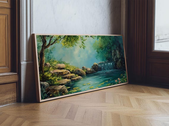 Serene Waterfall Landscape Framed Print Above Sofa Rustic Decor Living Room Art Peaceful Nature Scene Artwork Farmhouse Wall Art