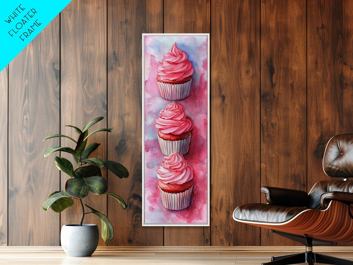 Three Pink Frosted Cupcakes Watercolor Sweet Kitchen Dessert Wall Art - Image 6