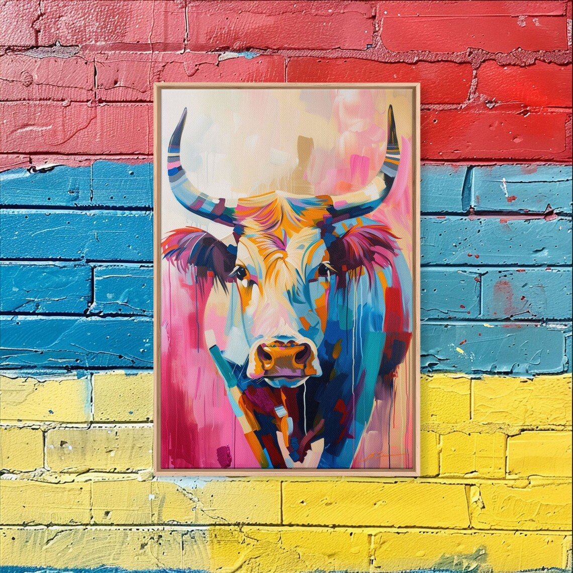 Colorful Longhorn Cow Portrait Vibrant Texas Farm Animal Art Poster - Image 2