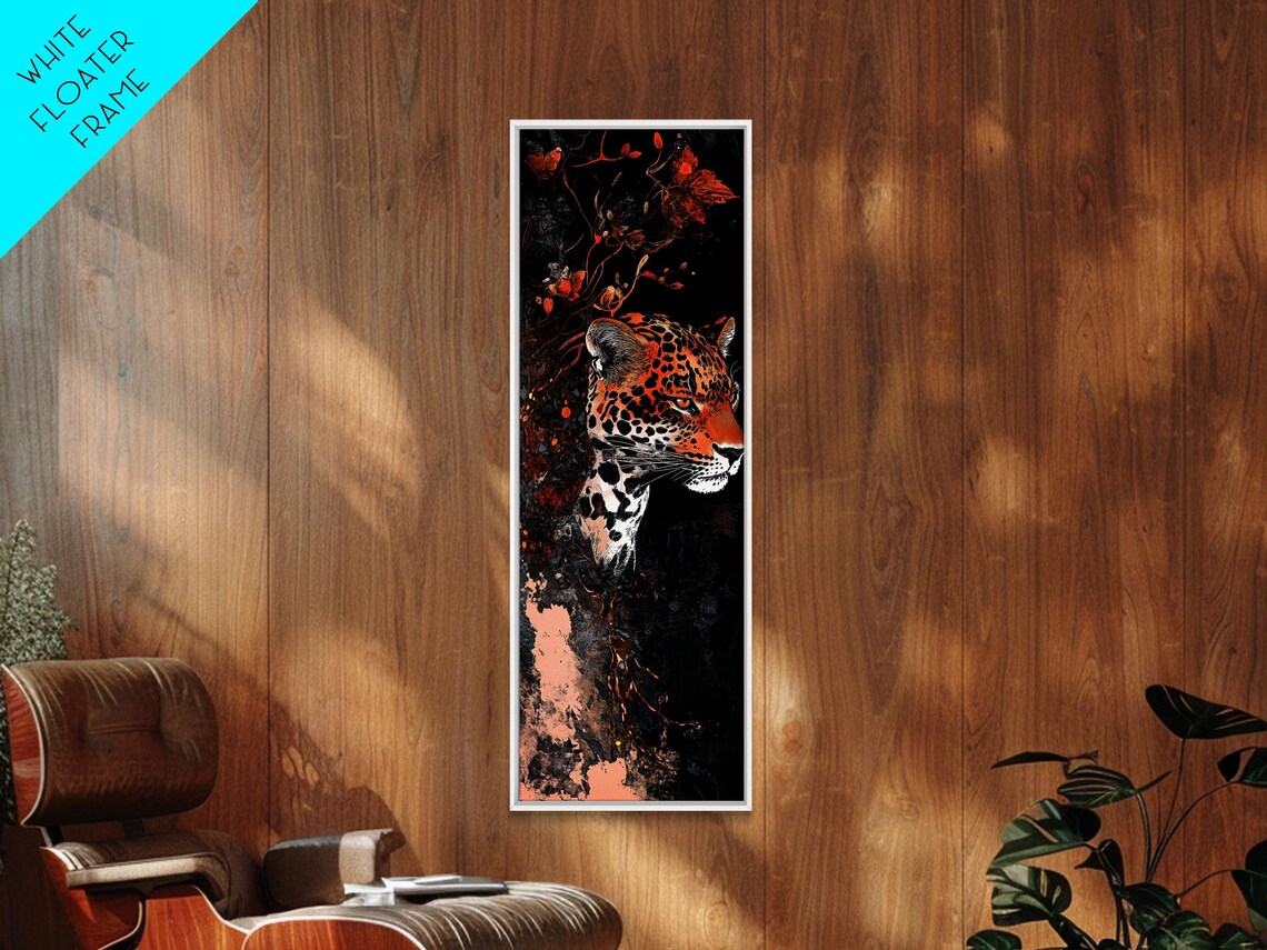 Leopard Head Autumn Leaves Red Flowers Black Background Wildlife Art Poster - Image 2