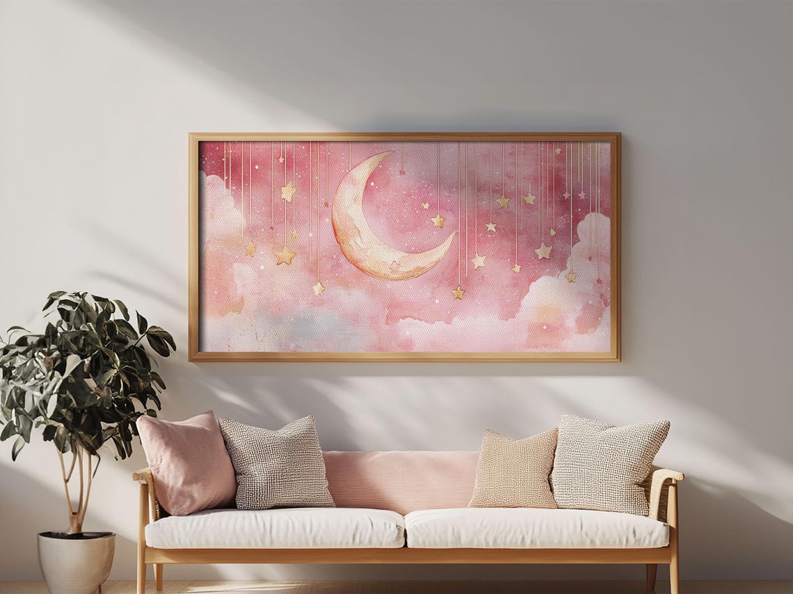 Crescent Moon Nursery Wall Art Print Whimsical Pink Starry Sky Art Light Cottagecore Bedroom Decor Unique Gift Idea