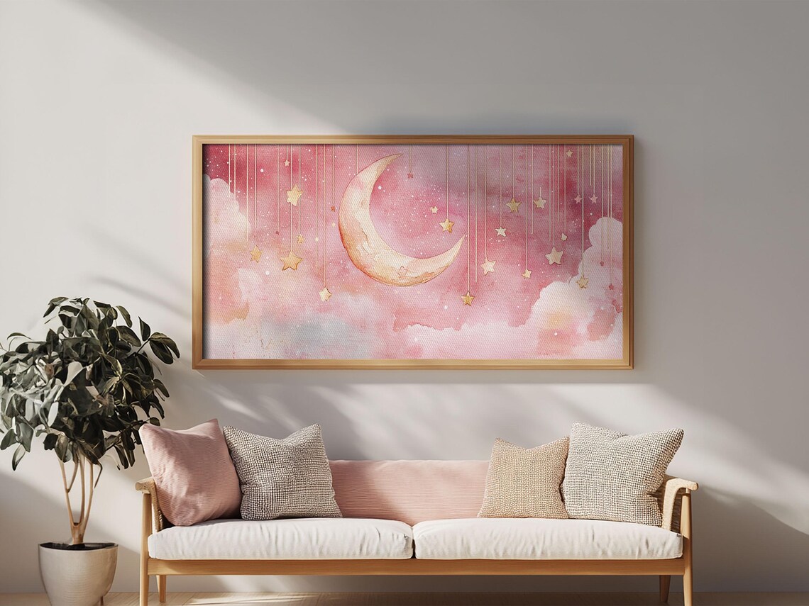 Pink Crescent Moon Gold Stars Watercolor Night Sky Nursery Poster