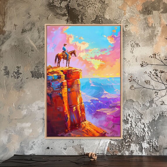 Cowboy On Cliff Edge At Sunset Colorful Western Landscape Painting Sunset Wall Art Living Room Decor Cowboy Print