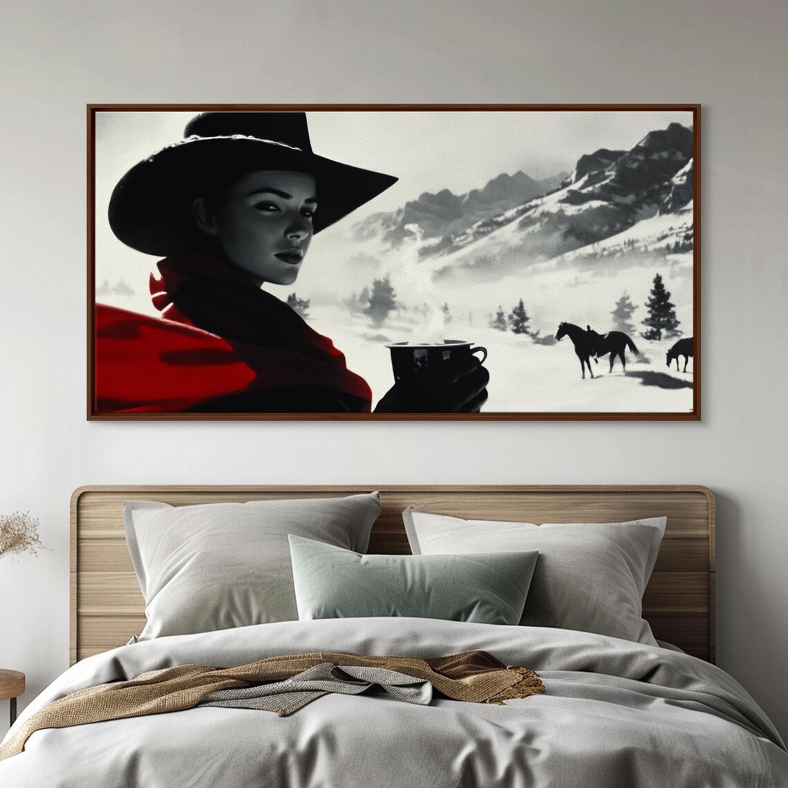 Moody Cowgirl Portrait In Snow With Red Poncho Black And White Poster - Image 3