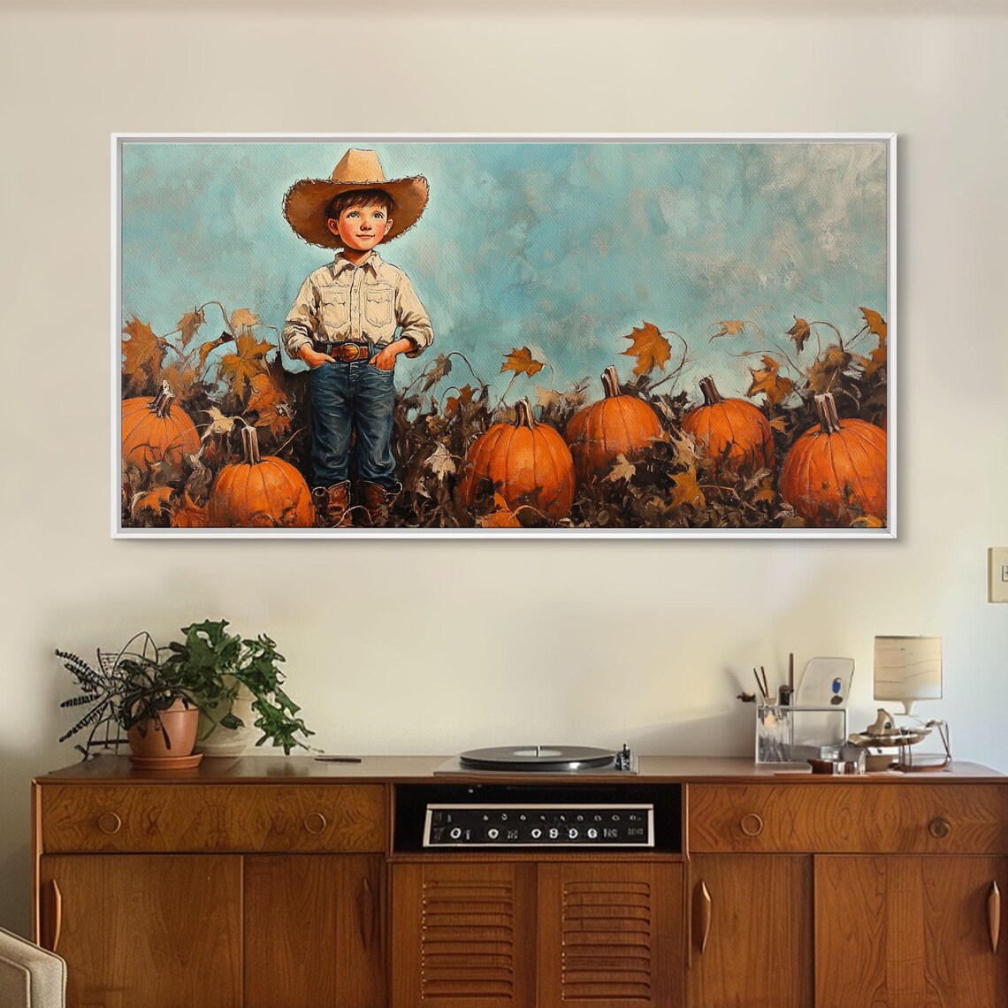 Little Cowboy In Big Hat Standing Among Pumpkins Fall Patch Retro Poster - Image 2