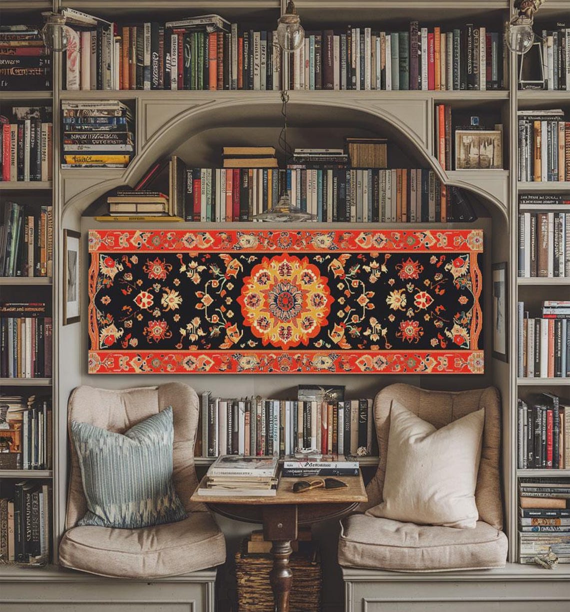 Red Black Floral Medallion Tapestry Pattern Panoramic Art Print - Image 6