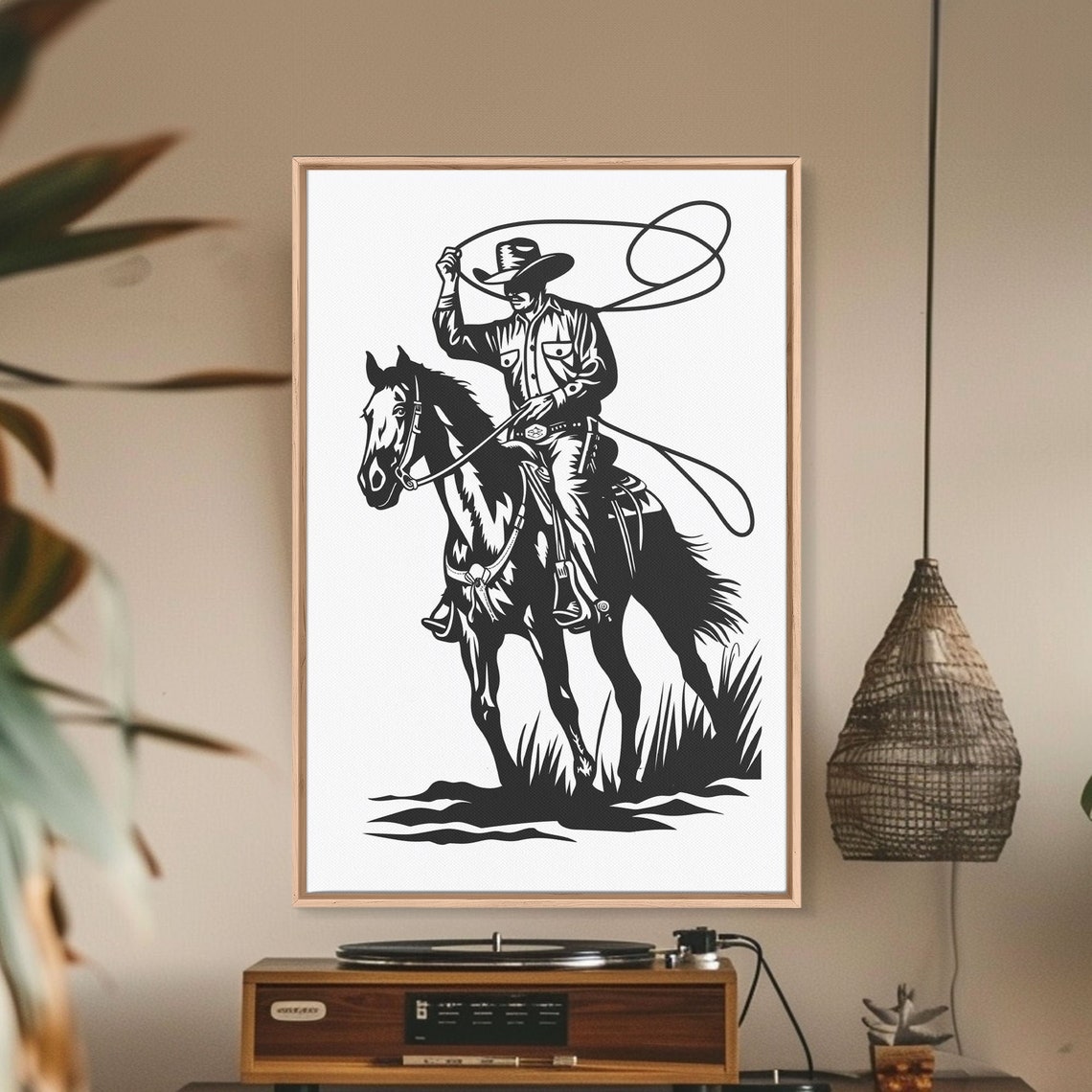 Cowboy Roping On Horseback Black Silhouette Western Line Art Poster - Image 4