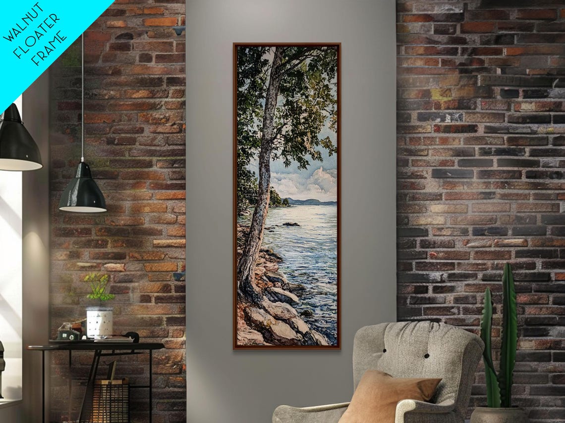 Birch Tree on Rocky Lakeshore Calm Blue Water Scene Wall Art - Image 2