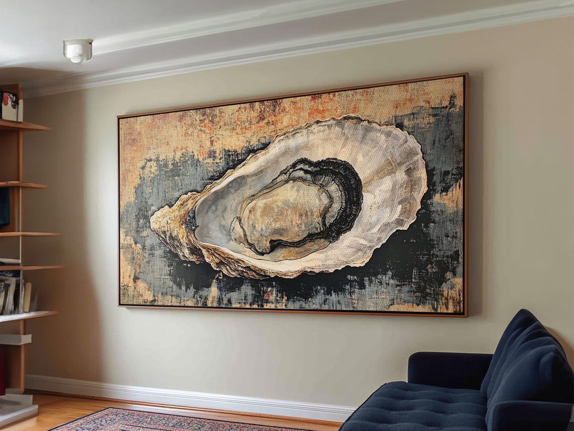 Oyster Shell Painting Textured Blue Ochre Abstract Coastal Wall Art - Image 3