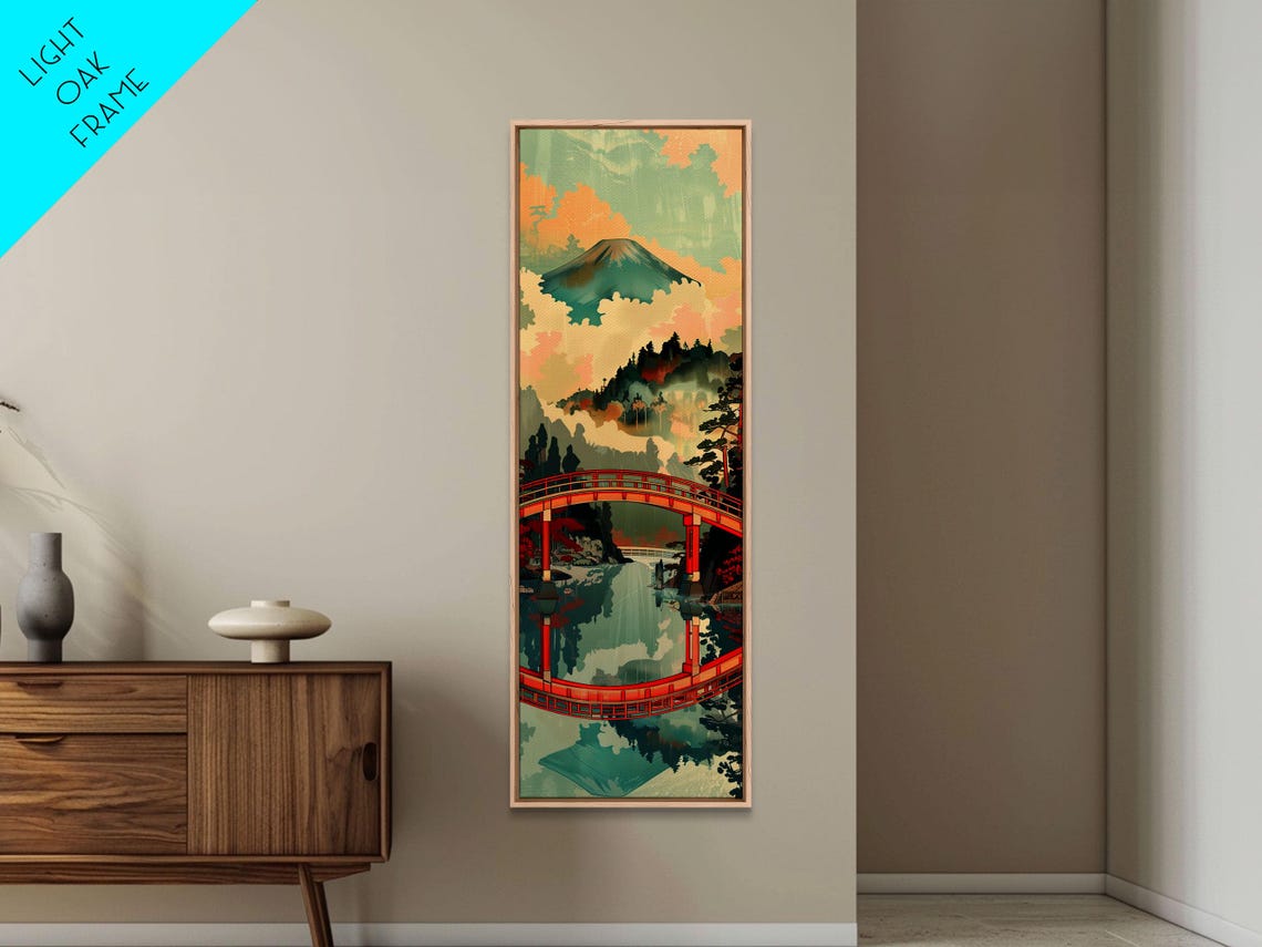 Mount Fuji Red Arched Bridge Reflection Woodblock Style Travel Poster - Image 5