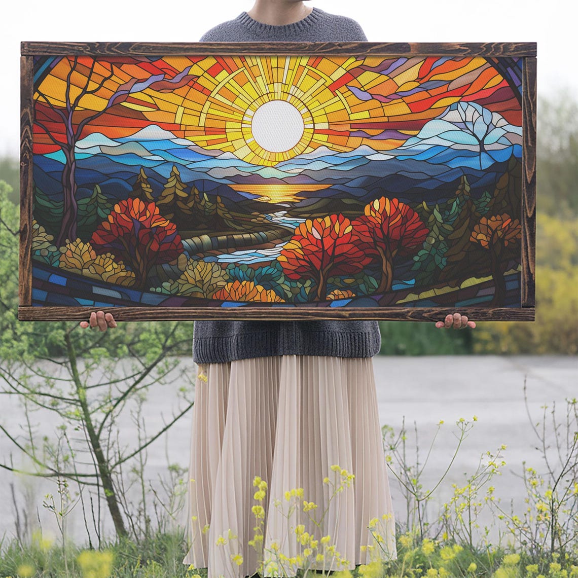 Stained Glass Sunrise Mountain Lake Autumn Forest Landscape Poster - Image 2