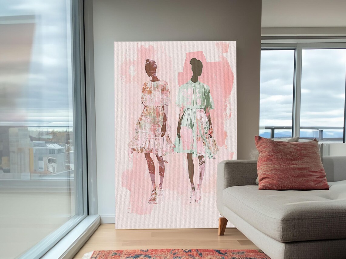 Fashion Silhouettes Two Women Pink Dresses Chic Style Art Poster - Image 2