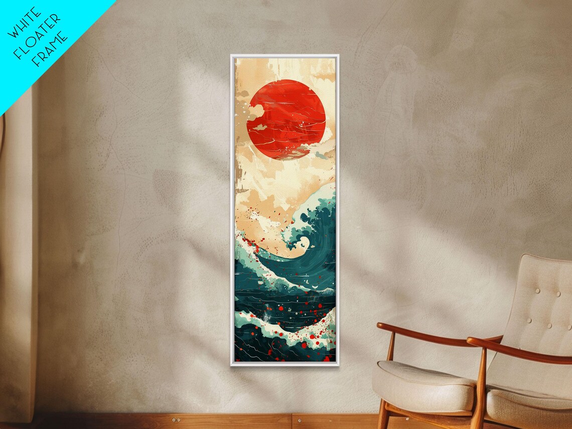 Red Sun Over Teal Ocean Waves Cream Tones Abstract Japanese Seascape Wall Art - Image 2