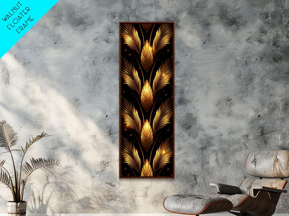 Gold Palm Leaf Feathers Pattern Black Background Art Deco Print - Image 5