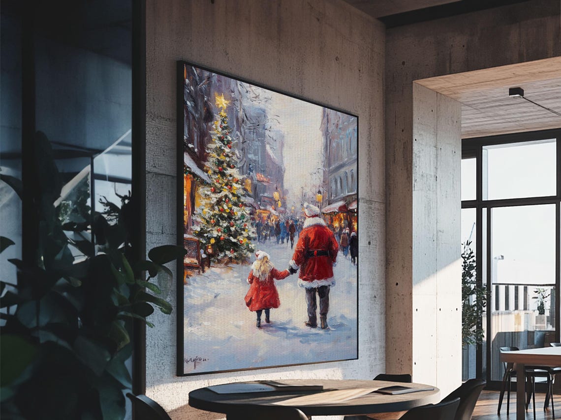 Santa With Child Snowy Town Square Christmas Tree Impressionist Poster - Image 6