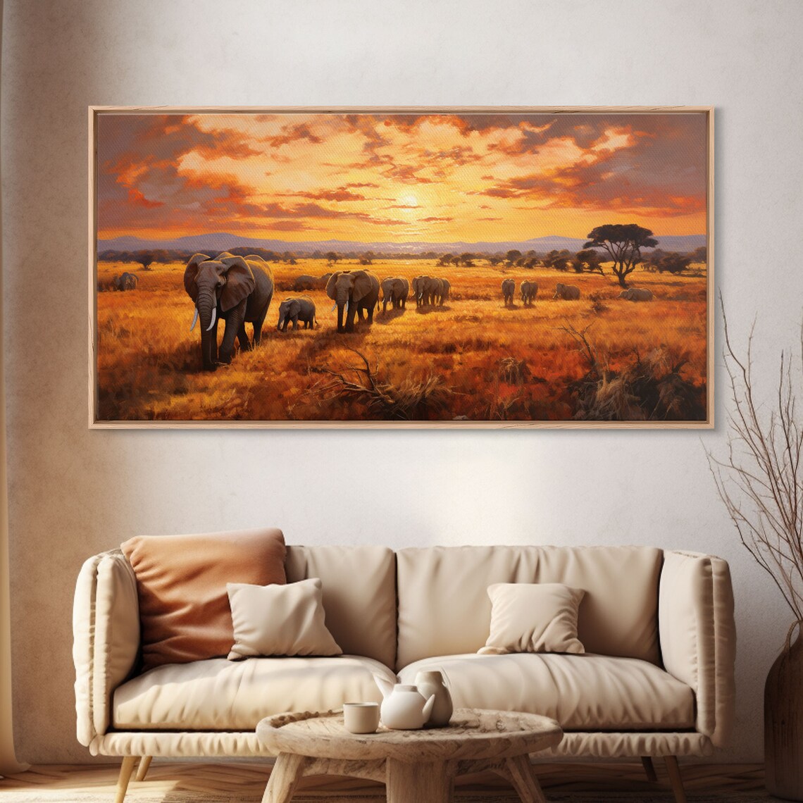 African Elephants Herd Savanna Sunset Acacia Tree Golden Safari Wildlife Wall Art Print - Image 5