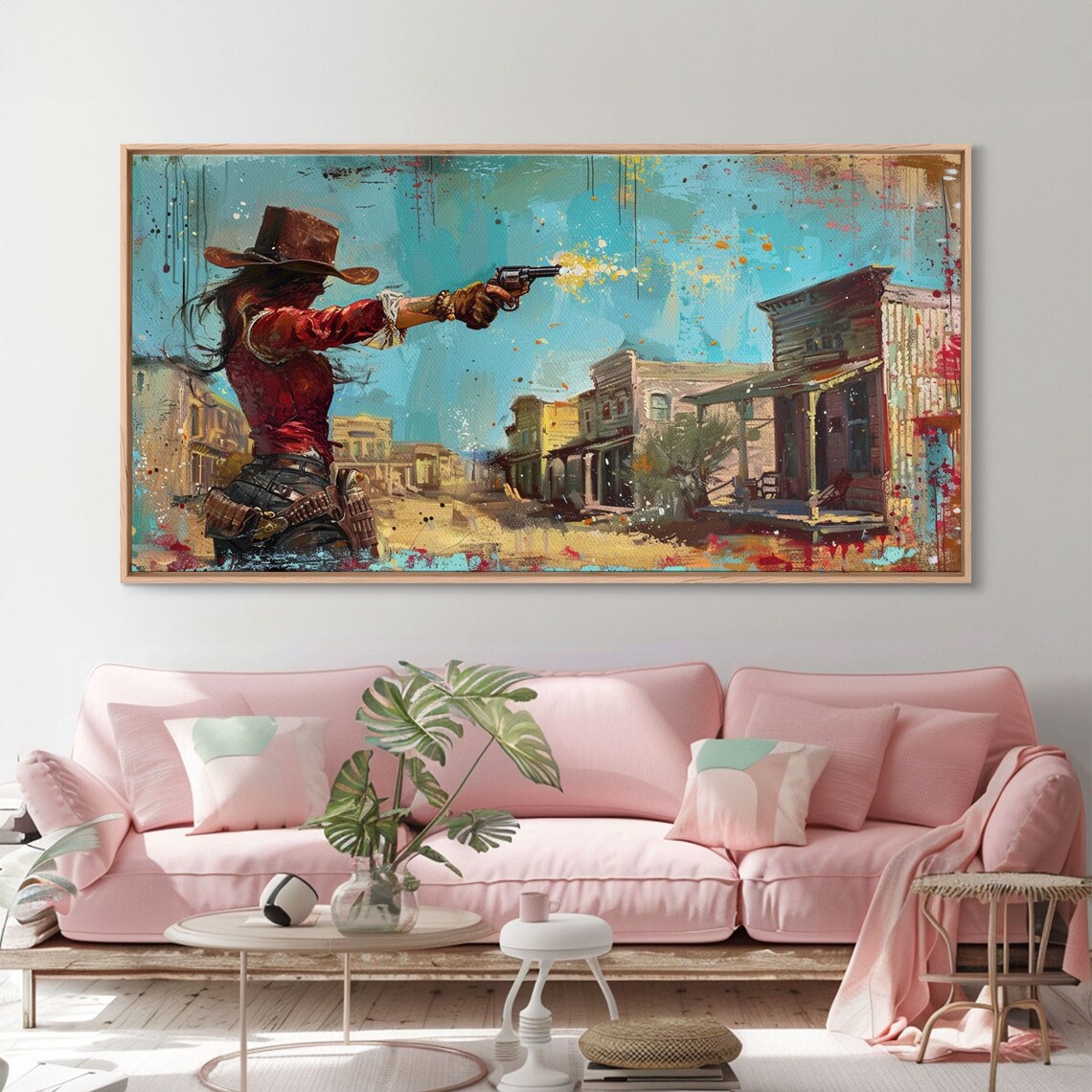 Western Woman With Revolver, Colorful Town Art Print - Image 4