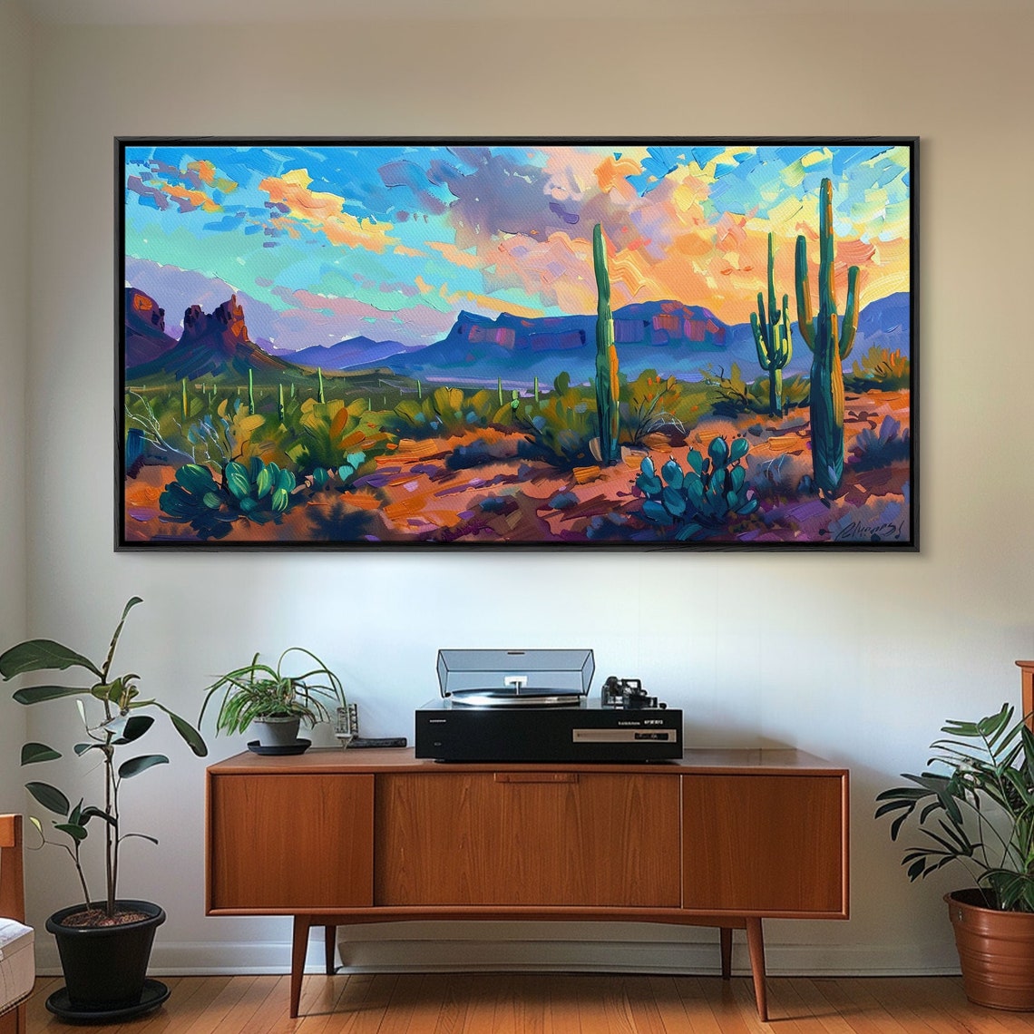 Saguaro Desert Sunset Red Rock Mesas Vibrant Impasto Art Poster