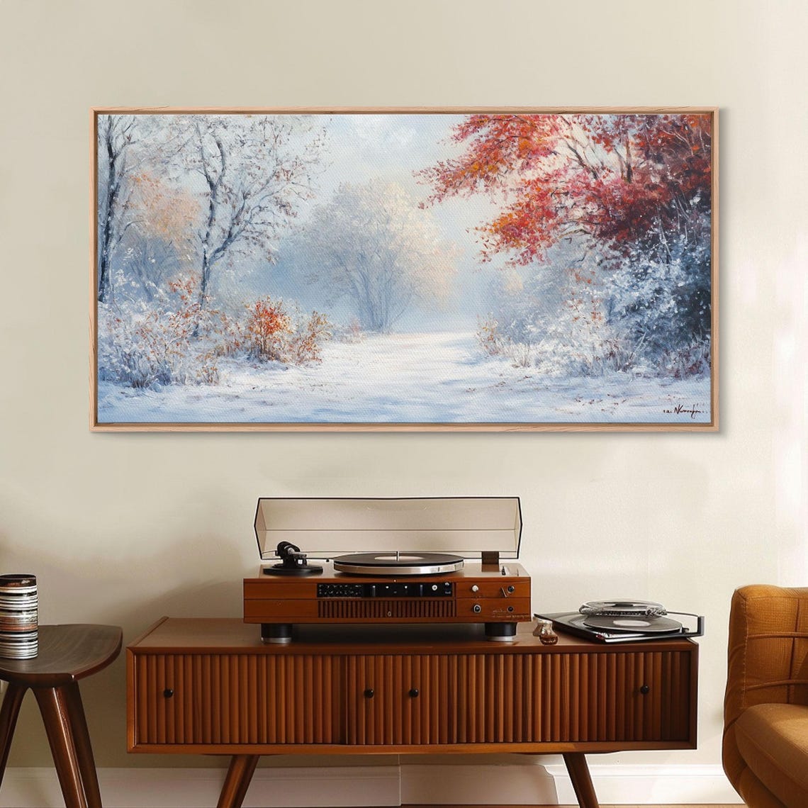 Snowy Winter Forest Path Red Leaves Falling Snow Scene Poster - Image 3