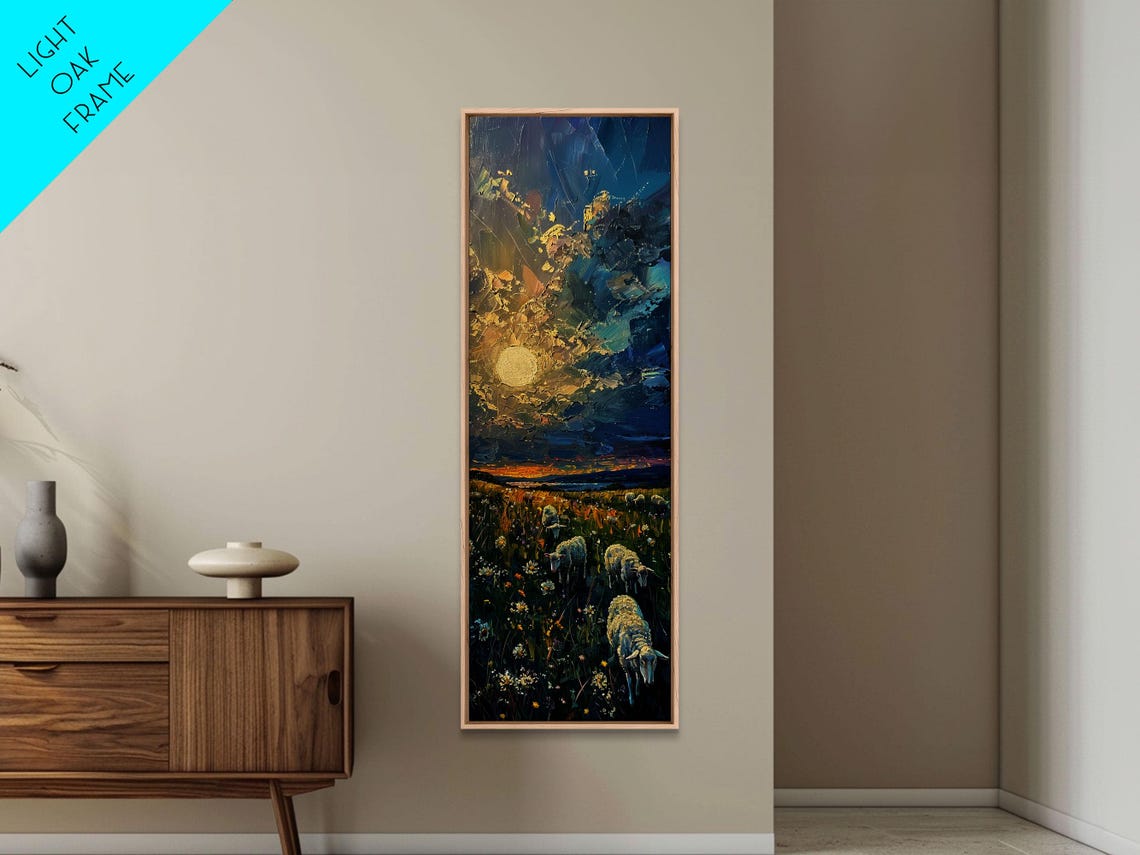 Lambs Grazing In Wildflower Meadow At Sunset Impasto Field Poster - Image 4