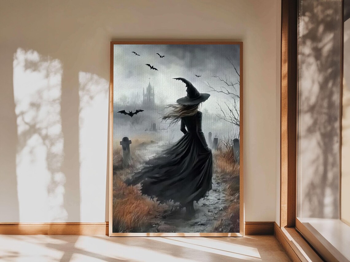 Witch In Foggy Graveyard Bats Gothic Tombstone Dark Halloween Art Poster - Image 2