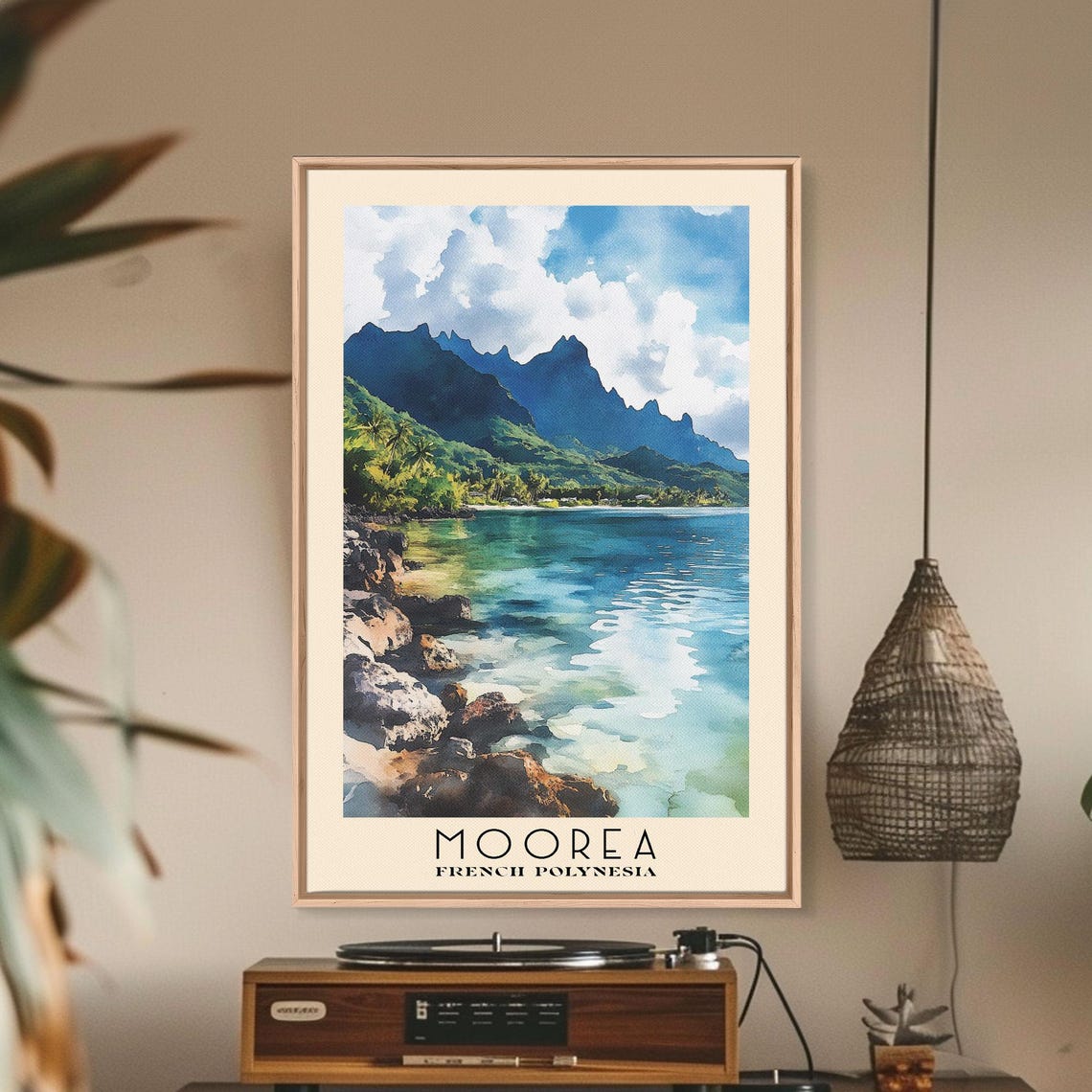 Moorea French Polynesia Volcanic Peaks Lagoon Watercolor Travel Poster - Image 2