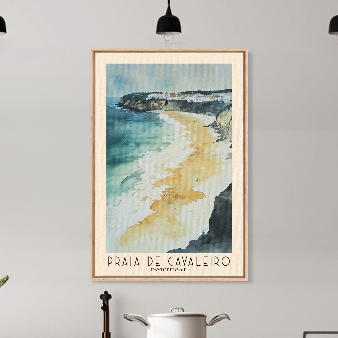 Praia de Cavaleiro Portugal Golden Beach Cliffs Town Watercolor Poster - Image 6