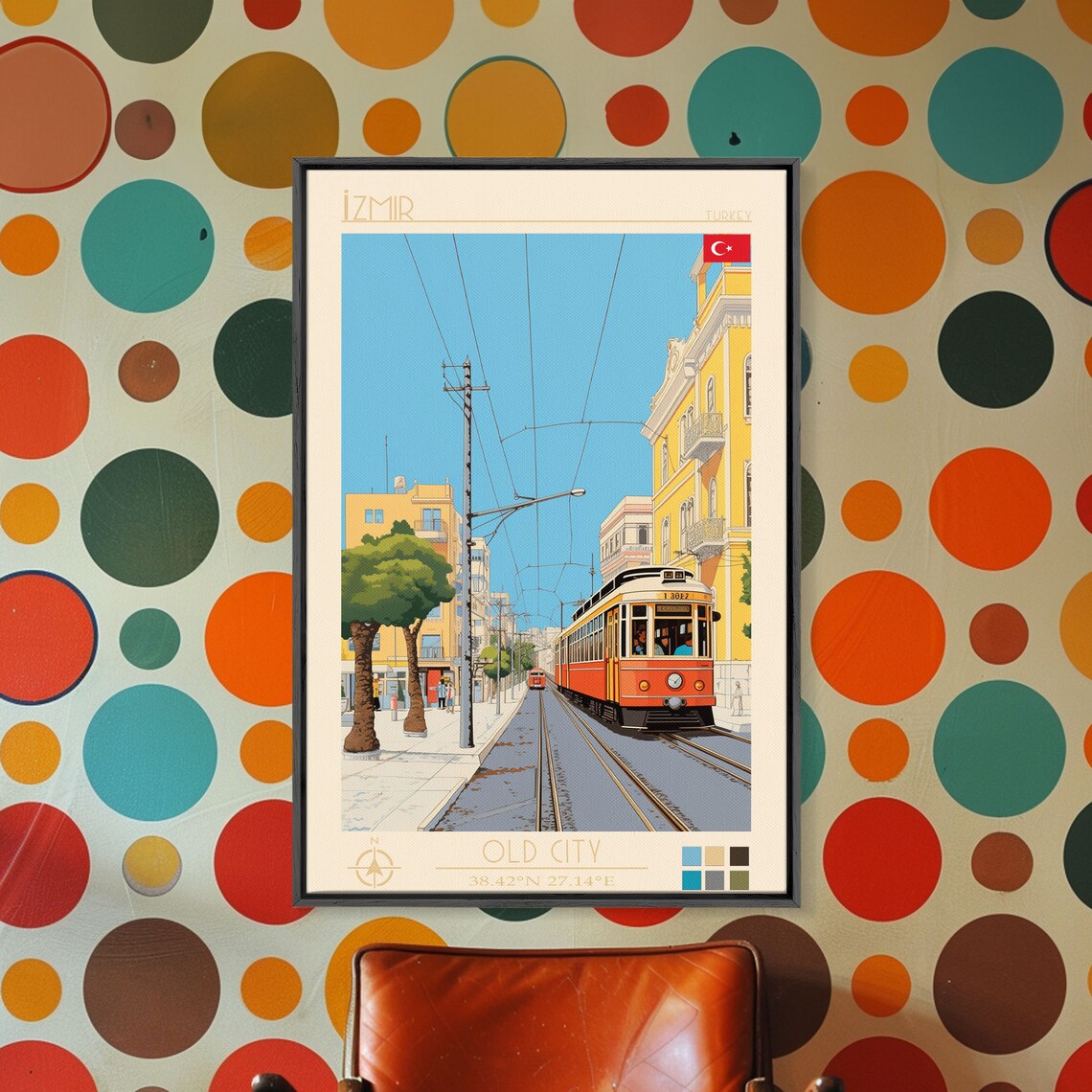 Izmir Turkey Old City Street Red Tram Midcentury Travel Poster - Image 2